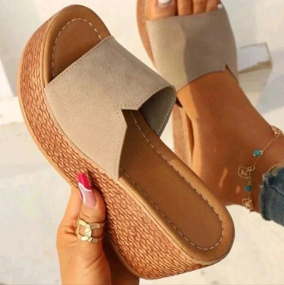 Open Toe Beige Thick Bottom Wedge Sandals For Women In Large Sizes With Pu Soles - Picture 1 of 5